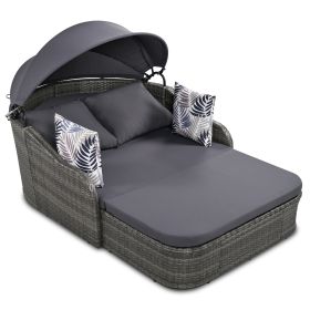 79.9" Outdoor Sunbed with Adjustable Canopy; Double lounge; PE Rattan Daybed; White Wicker; Gray Cushion