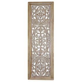 Rectangular Mango Wood Wall Panel Hand Crafted With Intricate Carving, White and Brown