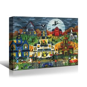 1pcs Drop-Shipping Framed Canvas Wall Art Decor Painting For Halloween, Haunted Ghost Town Painting For Halloween Gift,4028in- Thickness 1.5inch