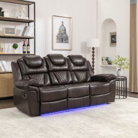 Home Theater Seating Manual Recliner Chair with Center Console and LED Light Strip for Living Room, Brown