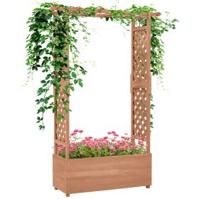 Outsunny Raised Garden Bed with Arch Trellis for Vine Climbing Plants, Hanging Flowers, 70.75" Tall Outdoor Wood Planter Box with Drainage Hole & Fabr