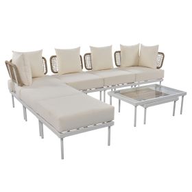 TREXM 8-Piece Patio Sectional Sofa Set with Tempered Glass Coffee Table and Wooden Coffee Table for Outdoor Oasis, Garden, Patio and Poolside (Beige C