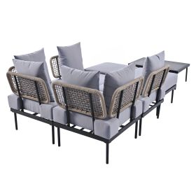 TREXM 8-Piece Patio Sectional Sofa Set with Tempered Glass Coffee Table and Wooden Coffee Table for Outdoor Oasis, Garden, Patio and Poolside (Light G