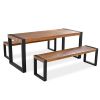 GO 3-pieces Outdoor Dining Table With 2 Benches, Patio Dining Set With Unique Top Texture, Acacia Wood Top & Steel Frame, All Weather Use, For Outdoor