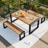 GO 3-pieces Outdoor Dining Table With 2 Benches, Patio Dining Set With Unique Top Texture, Acacia Wood Top & Steel Frame, All Weather Use, For Outdoor