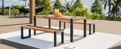 GO 3-pieces Outdoor Dining Table With 2 Benches, Patio Dining Set With Unique Top Texture, Acacia Wood Top & Steel Frame, All Weather Use, For Outdoor