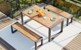 GO 3-pieces Outdoor Dining Table With 2 Benches, Patio Dining Set With Unique Top Texture, Acacia Wood Top & Steel Frame, All Weather Use, For Outdoor