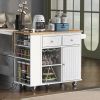 Kitchen Island with Power Outlet,Kitchen Storage Island with Drop Leaf and Rubber Wood,Open Storage and Wine Rack,5 Wheels,with Adjustable Storage for