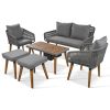 K&K 6-Piece Rope Patio Furniture Set, Outdoor Furniture with Acacia Wood Cool Bar Table with Ice Bucket , Deep Seat Patio Conversation Set with Two St