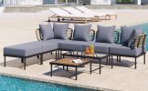 TREXM 8-Piece Patio Sectional Sofa Set with Tempered Glass Coffee Table and Wooden Coffee Table for Outdoor Oasis, Garden, Patio and Poolside (Light G