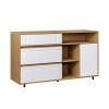 Contemporary Detailed-Door Sideboard with Open Storage ‚Äì Coastal Oak / Solid White