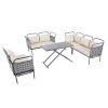 TOPMAX 5-Piece Modern Patio Sectional Sofa Set Outdoor Woven Rope Furniture Set with Glass Table and Cushions, Gray+Beige