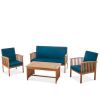 Outdoor Acacia Wood Sofa Set with Water Resistant Cushions, 4-Pcs Set, Brown Patina / Teal Blue