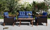 GO 4-Piece Garden Furniture, Patio Seating Set, PE Rattan Outdoor Sofa Set, Wood Table and Legs, Brown and Blue