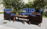 GO 4-Piece Garden Furniture, Patio Seating Set, PE Rattan Outdoor Sofa Set, Wood Table and Legs, Brown and Blue