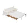 TOPMAX Modern Outdoor Daybed Patio Metal Daybed with Wood Topped Side Spaces for Drinks, 2 in 1 Padded Chaise Lounges for Poolside, Balcony, Deck, Bei