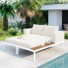 TOPMAX Modern Outdoor Daybed Patio Metal Daybed with Wood Topped Side Spaces for Drinks, 2 in 1 Padded Chaise Lounges for Poolside, Balcony, Deck, Bei