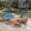 Outdoor Acacia Wood Sofa Set with Water Resistant Cushions, 4-Pcs Set, Brown Patina / Teal Blue