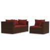 3 Piece Patio Lounge Set with Cushions Brown Poly Rattan