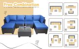 7 Pieces Outdoor Patio Sectional Sofa Couch, Silver Gray PE Wicker Furniture Conversation Sets with Washable Cushions & Glass Coffee Table for Garden,