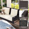 GO 2-Person Wicker Hanging Porch Swing with Chains, Cushion, Pillow, Rattan Swing Bench for Garden, Backyard, Pond. (Brown Wicker, Beige Cushion)