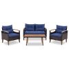 GO 4-Piece Garden Furniture, Patio Seating Set, PE Rattan Outdoor Sofa Set, Wood Table and Legs, Brown and Blue