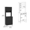 Pantry Cabinet 67" H, Four Doors, One Drawer, Three Internal Shelves, 2 External Storage Shelves, Microwave Storage Option, Four Legs, Black