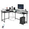 Black pockmarked particle board with triamine coating L-shaped with upper shelf 170*120*75cm computer desk with RGB light + 2 USB interfaces + 2 three