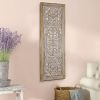 Rectangular Mango Wood Wall Panel Hand Crafted With Intricate Carving, White and Brown