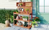 TOPMAX 65" Large Wooden Farmhouse Rustic Outdoor Potting Bench Table, Patio Workstation, Garden Potting Bench with 4 Storage Shelves and Side Hook,Nat