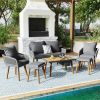 K&K 6-Piece Rope Patio Furniture Set, Outdoor Furniture with Acacia Wood Cool Bar Table with Ice Bucket , Deep Seat Patio Conversation Set with Two St