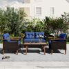 GO 4-Piece Garden Furniture, Patio Seating Set, PE Rattan Outdoor Sofa Set, Wood Table and Legs, Brown and Blue