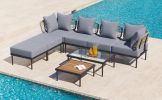 TREXM 8-Piece Patio Sectional Sofa Set with Tempered Glass Coffee Table and Wooden Coffee Table for Outdoor Oasis, Garden, Patio and Poolside (Light G