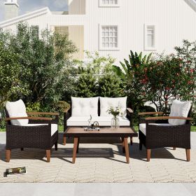 4-Piece Garden Furniture; Patio Seating Set; PE Rattan Outdoor Sofa Set; Wood Table and Legs; Brown and Beige (Color: Beige)