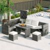 Outdoor 6-Piece All Weather PE Rattan Sofa Set; Garden Patio Wicker Sectional Furniture Set with Adjustable Seat; Storage Box; Removable Covers and Te