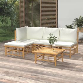 5 Piece Patio Lounge Set with Cream White Cushions Bamboo (Color: Brown)