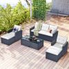 6-piece All-Weather Wicker PE rattan Patio Outdoor Dining Conversation Sectional Set with coffee table, wicker sofas, ottomans, removable cushions (Bl