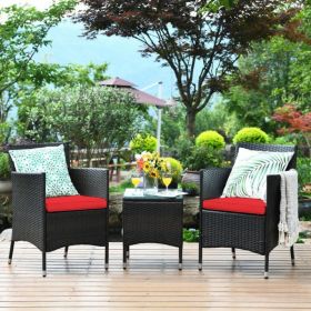 3 Pieces Ergonomic Wicker Patio Conversation Set (Color: Red)