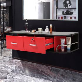 Modern Wall-Mounted Styling Station;  Hair Salon Locking Cabinet with Storage Drawers;  Equipment for Barber Beauty Spa Salon Shops (Color: black+red)