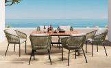 GO 7 Pieces Patio Dining Set, All-Weather Outdoor Furniture Set with Dining Table and Chairs, Acacia Wood Tabletop, Metal Frame, for for Garden, Backy