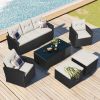 6-piece All-Weather Wicker PE rattan Patio Outdoor Dining Conversation Sectional Set with coffee table, wicker sofas, ottomans, removable cushions (Bl