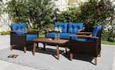 4-Piece Garden Furniture; Patio Seating Set; PE Rattan Outdoor Sofa Set; Wood Table and Legs; Brown and Beige