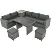 Outdoor 6-Piece All Weather PE Rattan Sofa Set; Garden Patio Wicker Sectional Furniture Set with Adjustable Seat; Storage Box; Removable Covers and Te