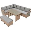 5-Piece Outdoor Patio Rattan Sofa Set; Sectional PE Wicker L-Shaped Garden Furniture Set with 2 Extendable Side Tables; Dining Table and Washable Cove