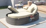 TOPMAX Outdoor Sun Bed Patio 2-Person Daybed with Cushions and Pillows, Rattan Garden Reclining Chaise Lounge with Adjustable Backrests and Foldable C