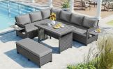 5-Piece Outdoor Patio Rattan Sofa Set; Sectional PE Wicker L-Shaped Garden Furniture Set with 2 Extendable Side Tables; Dining Table and Washable Cove