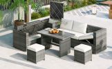 Outdoor 6-Piece All Weather PE Rattan Sofa Set; Garden Patio Wicker Sectional Furniture Set with Adjustable Seat; Storage Box; Removable Covers and Te