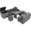 Outdoor 6-Piece All Weather PE Rattan Sofa Set; Garden Patio Wicker Sectional Furniture Set with Adjustable Seat; Storage Box; Removable Covers and Te