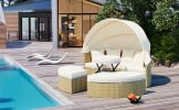 TOPMAX Patio Furniture Round Outdoor Sectional Sofa Set Rattan Daybed Two-Tone Weave Sunbed with Retractable Canopy, Separate Seating and Removable Cu