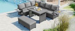 5-Piece Outdoor Patio Rattan Sofa Set; Sectional PE Wicker L-Shaped Garden Furniture Set with 2 Extendable Side Tables; Dining Table and Washable Cove